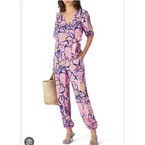 Tanya Taylor Pink Floral Print Wrap Jumpsuit Cropped Sleeve Tie Waist Size 6